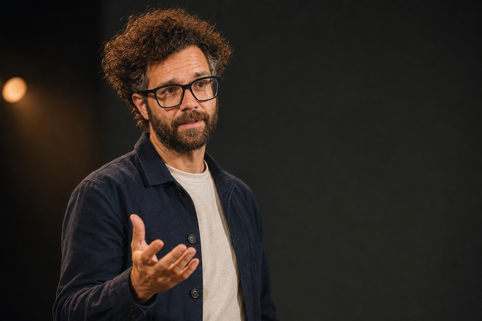 Pierre Mörck talar mot en mörk bakgrund